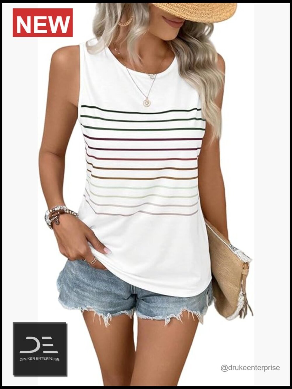 Striped Sleeveless Crewneck Tank Top Summer Casual Loose Fit Beach Tee